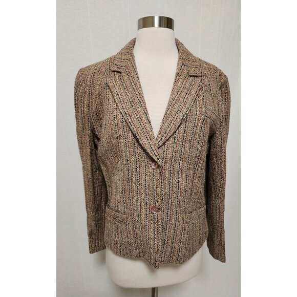 Womens 70s 80s Vintage Blazer Jacket Textured Knit Tan Brown Stripes - Picture 1 of 8